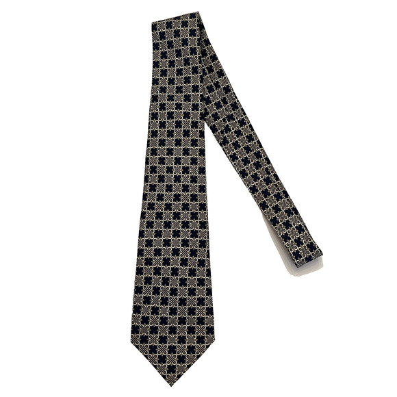 HERMÈS Silk Tie Men's 56.5x3.5" Navy Gold Geometric Foulard France 7642 TA - Picture 7 of 11